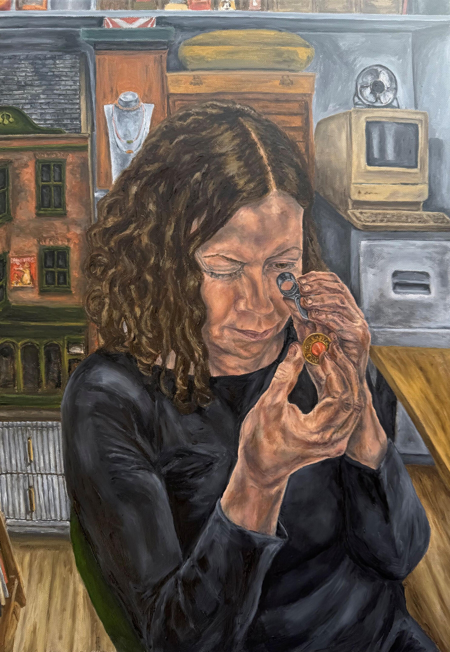 Hidden Worth Hidden Worth portrait of a woman examine a gold and coral brooch
